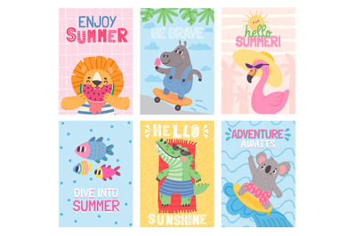 Hello summer cards with cartoon animals on beach vacation. Cute flamin