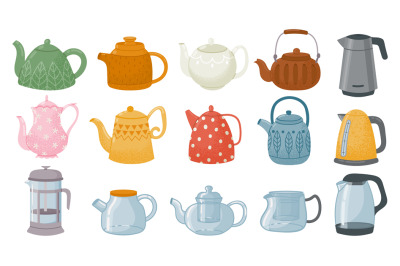 Cartoon decorative glass and ceramic teapots, kettles design. Vintage,