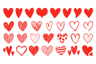 Flat, doodle and sketch red heart shape icon designs. Abstract romanti