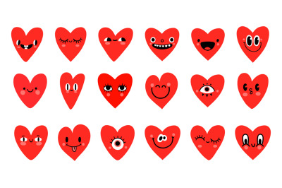 Cartoon red heart characters with funny faces emoticon. Valentine day