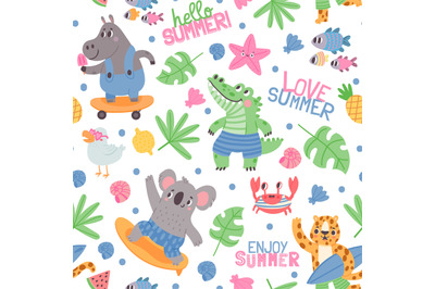 Summer animal surfers and tropical leaves seamless pattern. Crocodile,