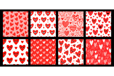 Sketch and cartoon hearts with faces, valentine day seamless patterns.