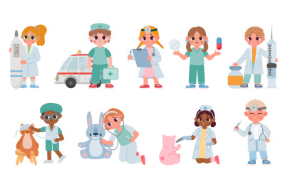 Cartoon kids doctors and nurses play and treat toys. Boys and girls me