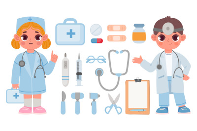 Kids doctor toys&2C; boy and girl in medical uniform. Cartoon stethoscope