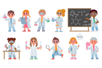 Cartoon kids in robes do chemistry experiment, children scientists. Bi