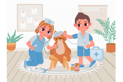 Cartoon kindergarten kids in doctor uniform play hospital for toys. Ch