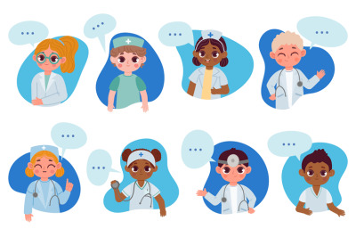 Kids doctors characters with speech bubble&2C; medical health info. Carto