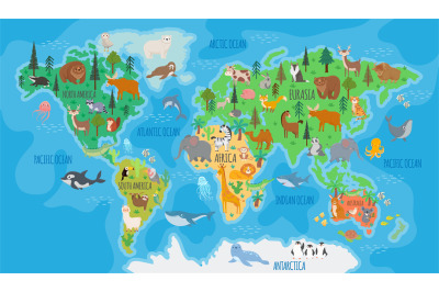 .Cartoon world map for kids nursery with forest animals. Children geog