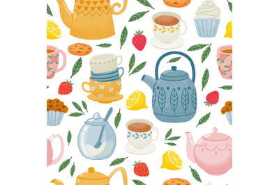 Decorative tea time seamless pattern with teapots, cups and sweets. Mo