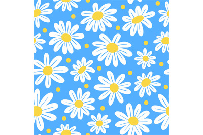 Cartoon chamomile seamless pattern, daisy floral print. Cute white yel