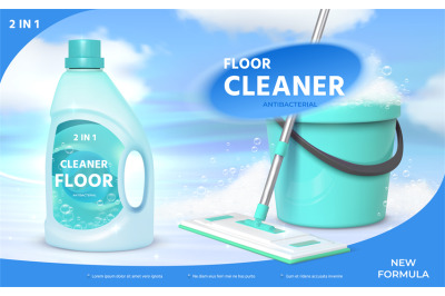 Floor cleaning product poster with realistic mop and bucket with foam.