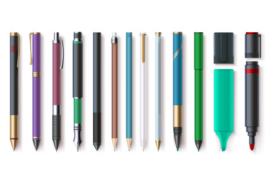 Realistic office writing supplies, pencils, pens and markers. Highligh