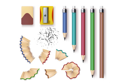 Realistic wooden graphite pencils, sharpener, eraser and shavings. Sha