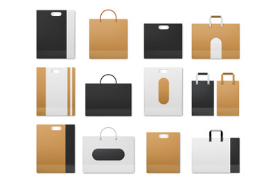 Realistic shopping craft paper, white and black bags design mockups. S