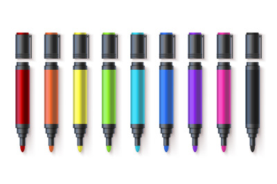 Realistic colorful permanent markers, drawing pen palette. Stationery