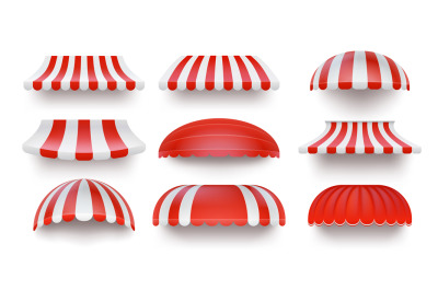 Realistic striped store sunshade awning, shop canopy. Red and white ma