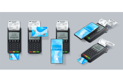 Realistic cashless payment with pos terminal, credit card and phone. B