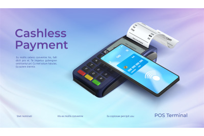 Cashless phone payment technology poster with pos terminal. Wireless p