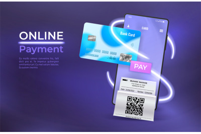 Online payment poster with mobile phone, credit card and bill. Smartph