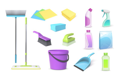 Realistic 3d home cleaning tools, brooms, mop and bucket. Household cl