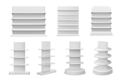 3d realistic white supermarket shelving display and bookstore racks. E