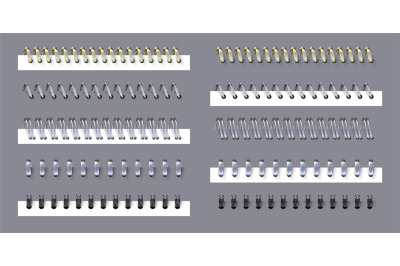 Realistic metal spiral and ring binders for notebook or calendar. 3D b