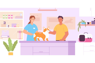 Flat vet clinic interior with veterinarian doctor, dog and owner. Vete