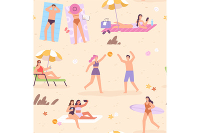 Flat people on summer vacation at beach seamless pattern. Women surfer