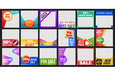 Social media sale post template with discount stickers. Product promot