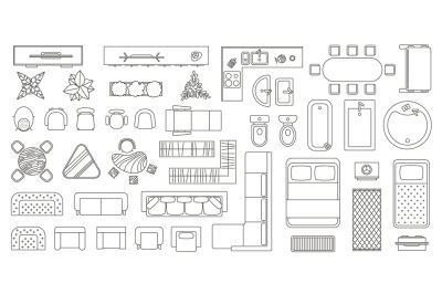 House floor plan furniture top view line icons. Apartment interior blu