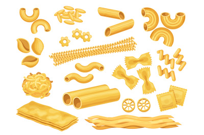 Cartoon italian pasta types, macaroni, spaghetti and ravioli. Dry penn