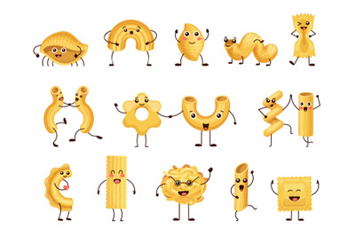 Cartoon funny pasta characters, italian macaroni mascot emoji. Comic h