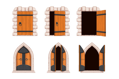 Cartoon open and closed medieval castle door and dungeon gate. Ancient