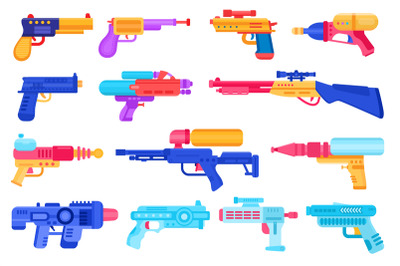 Cartoon kids toy weapons, water guns, pistols and blasters. Plastic ha