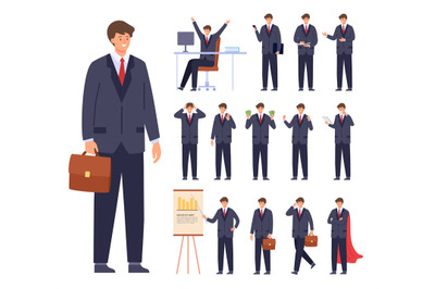 Business man character poses, office worker in suit. Businessman work,