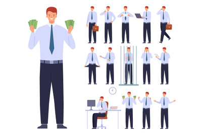 Flat office employee character working poses and gestures. Business ma