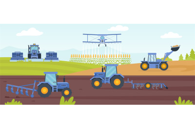 Agricultural machinery banner with farm field landscape and tractor. C