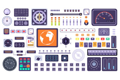 Control panel elements, spaceship switches, buttons, dials and screens