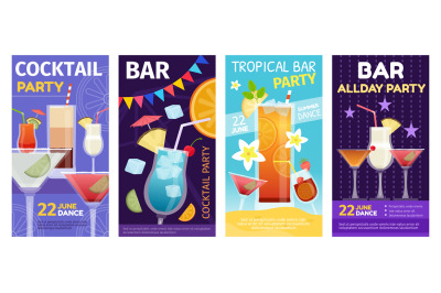 Cocktail summer party and tropical bar posters with drinks glasses. Al