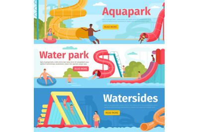 Horizontal banner for aquapark rides with people on water slides. Fami