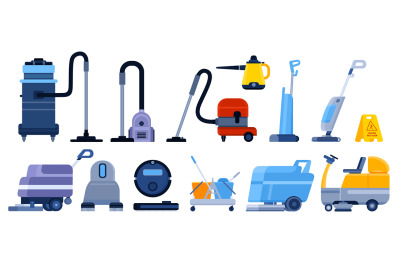 Flat professional cleaning service equipment, vacuums and machines. St