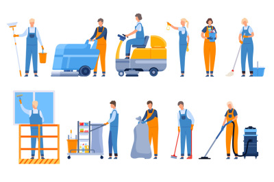 Professional cleaning company workers with equipment, vacuums and swee