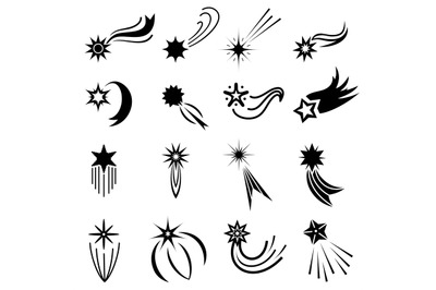 Flat falling stars icons, comet logo designs. Magic star fall with spa