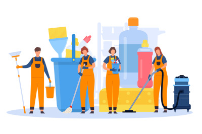 Professional cleaning service team with equipment and tools. Flat men