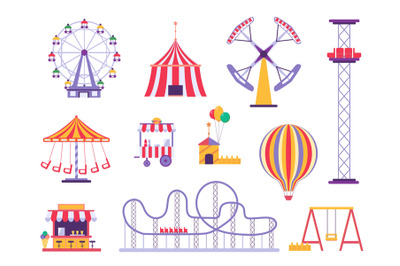 Flat amusement park roller coaster, circus tent and hot air balloon. F