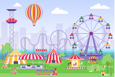 Amusement park landscape with ferris wheel, circus tents and carousels