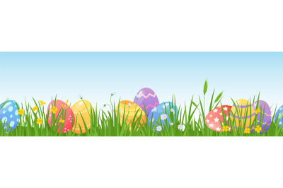 Cartoon easter eggs on meadow green grass seamless border. Spring lawn