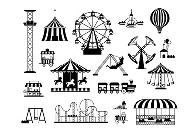 Fun amusement carnival park attractions and carousels black silhouette