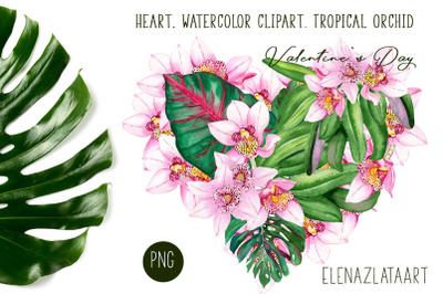 Heart, watercolor clipart. Tropical orchid. Valentine&#039;s Day