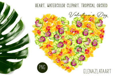 Heart, watercolor clipart. Tropical orchid. Valentine&#039;s Day